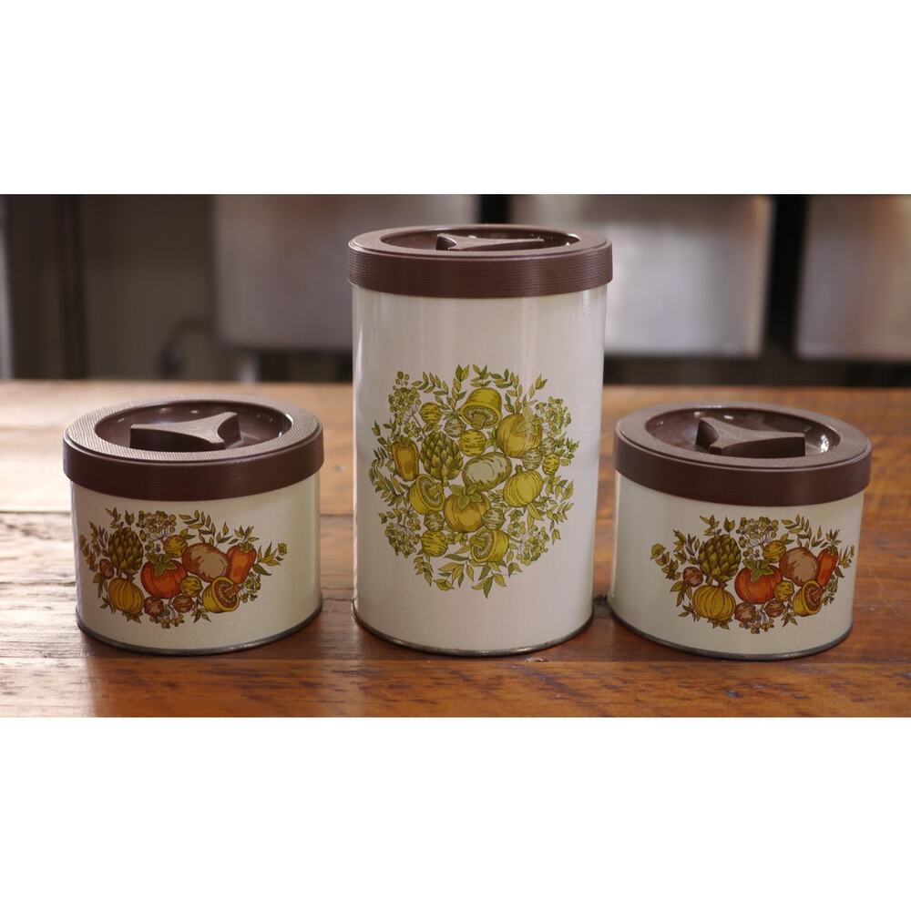 Vtg BALLONOFF Retro Kitchen Vegetable Theme Tea Coffee Flour Metal Canisters